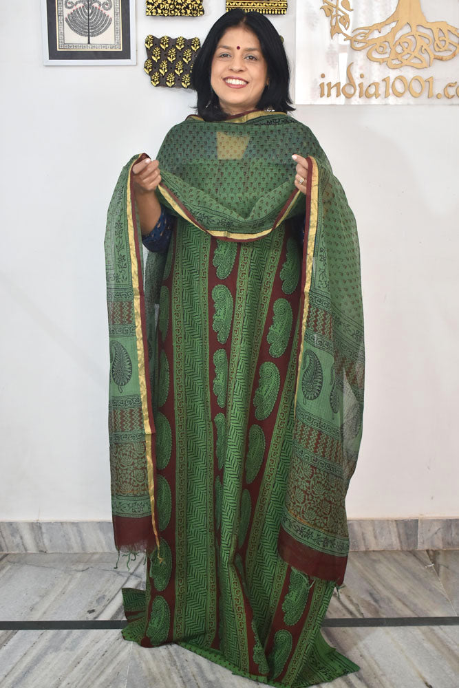Classic Bagh Block Printed unstitched suit fabric with Kota Doria dupatta