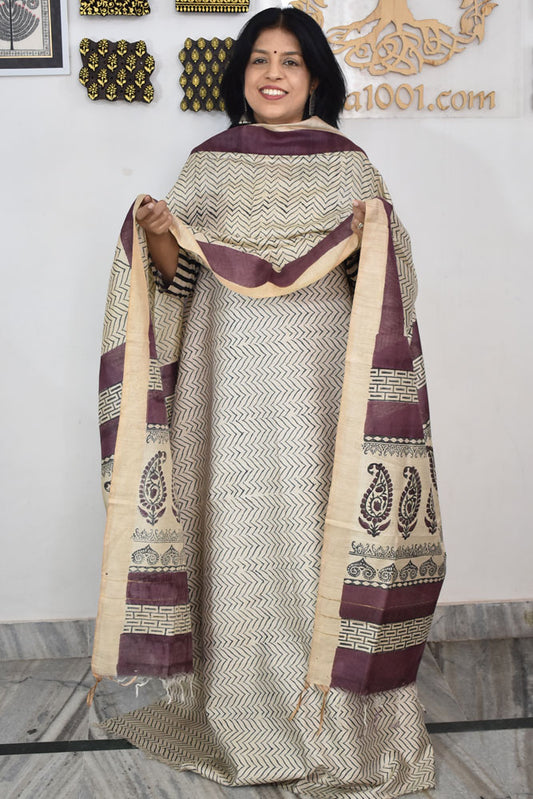 Elegant Hand Block printed Moonga Tussar Silk Kurta Dupatta Set