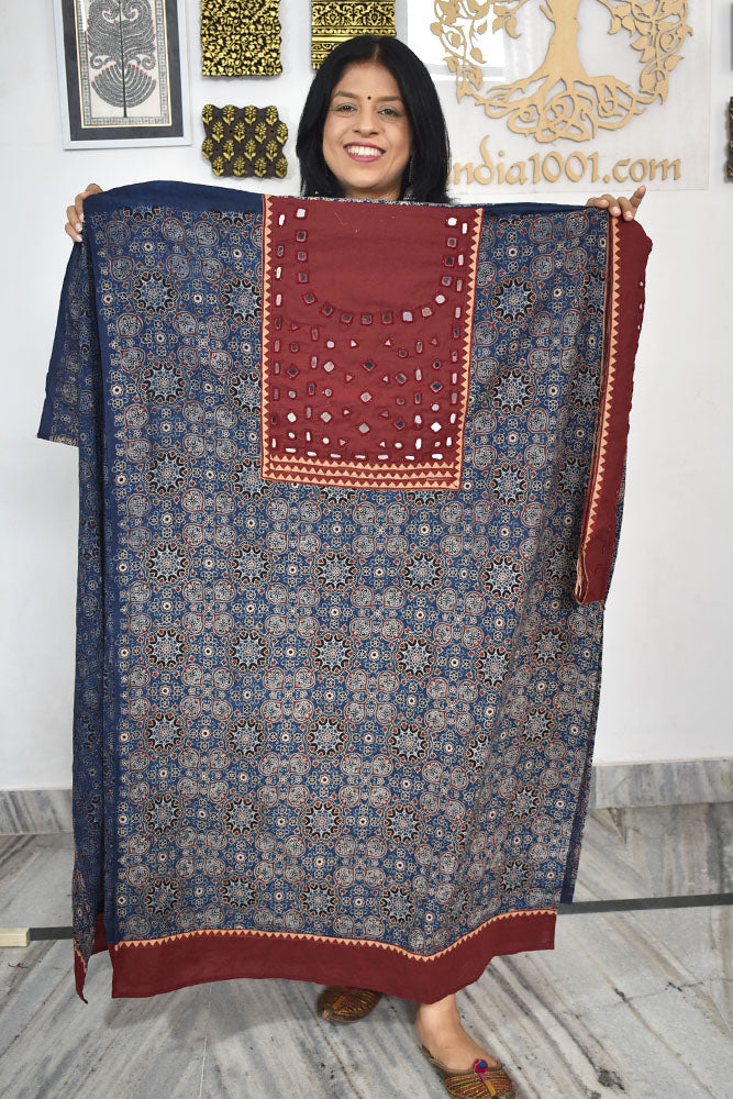 Designer Ajrakh Cotton Kurta Fabric with Kutch Mirror Work patch