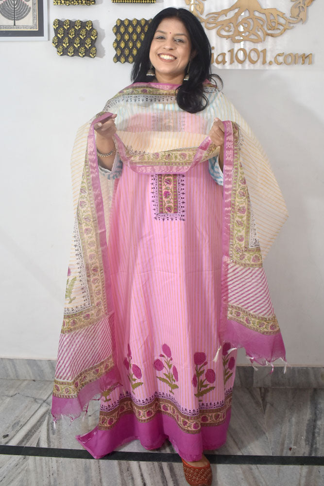Designer Hand Block Print Cotton suit with Chanderi dupatta