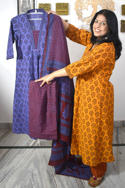Bagh Hand Block Printed stitched 3 pc Cotton suit - 36 size