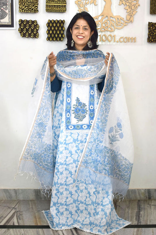 Elegant  Cotton suit with schiffli work & Hand embroidery patch & Lace details with Kota dupatta