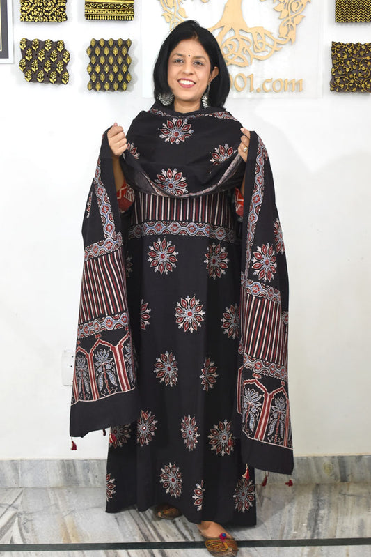 Designer Ajrakh Cotton kurta with  panel design & Mirror work & Cotton dupatta - 3 piece set