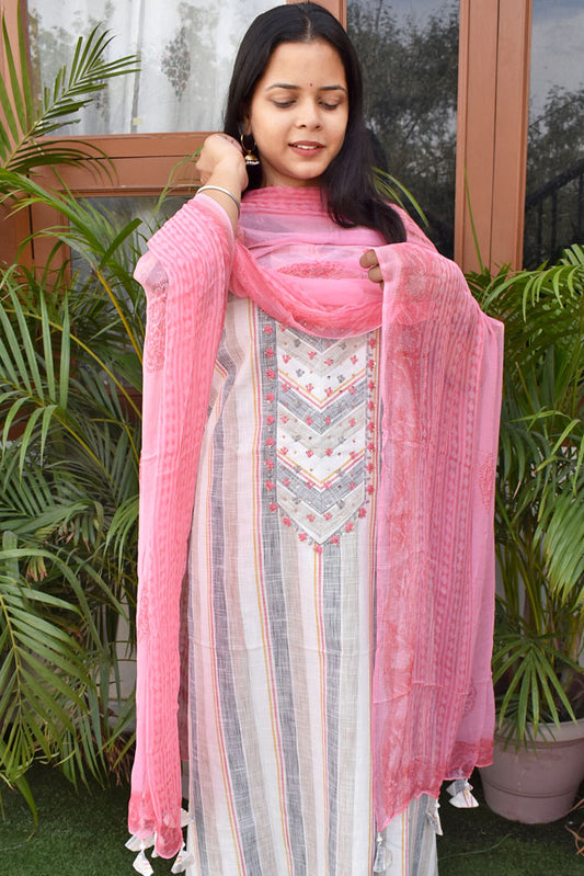 Premium Handloom Cotton Unstitched Suit with Neck patch, Intricate Hand Embroidery & Block print Chiffon dupatta