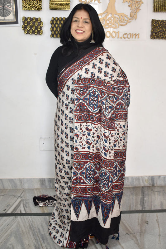 Elegant Hand Block Printed Ajrakh Modal Silk Saree with Mirror Work & tassels