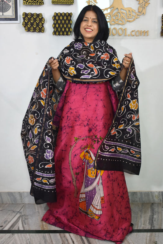 Elegant Handwoven Maheshwari silkcotton kurta fabric & dupatta set with  Wax Batik work