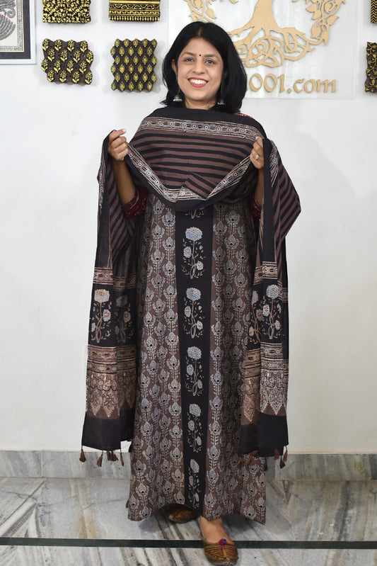 Block Print Ajrakh Cotton Suit with designer Ajrakh neck yoke /panel & Long Stole