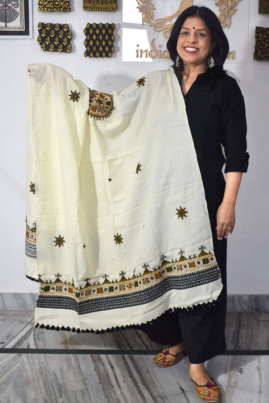 Handwoven Bhujodi Intricate Hand Embroidery & Hand  Mirror Work Woolen  Shawl
