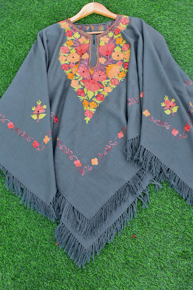 Woollen Poncho / Cape with Intricate Aari Thread Embroidery - Free Size