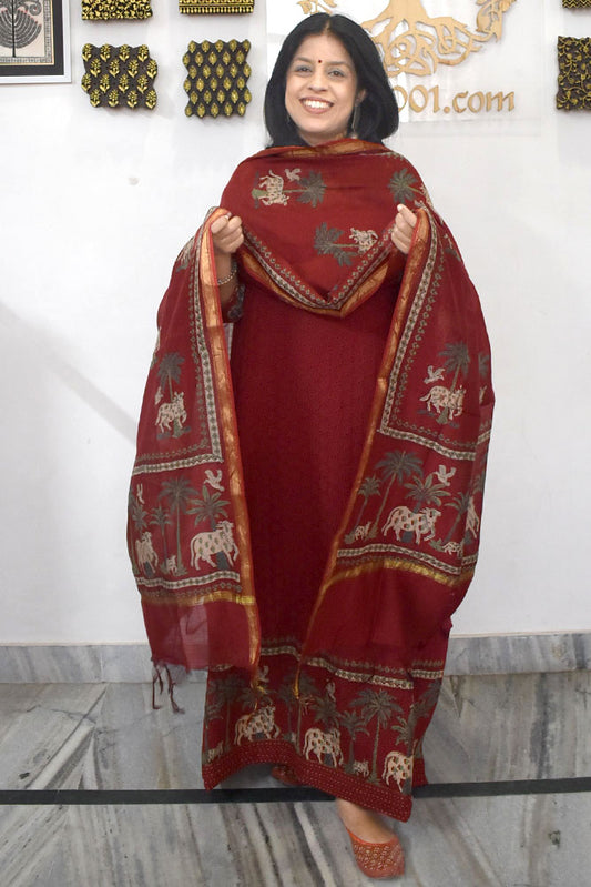 Elegant Hand Block print cotton suit with Schiffli work & Chanderi dupatta