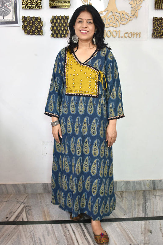 Designer Hand Block Printed Ajrakh cotton Kurta with Kutch Mirror work