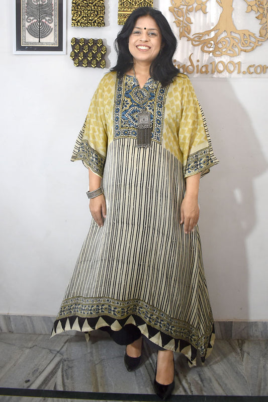 Beautiful Hand Block Printed Ajrakh Modal Silk Kurta, Size 40 to 46