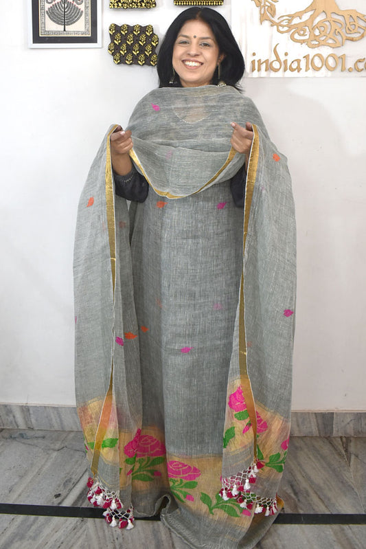 Kalakriti : Beautiful Hand Woven Pure Linen Jamdani Kurta Fabric & Dupatta set
