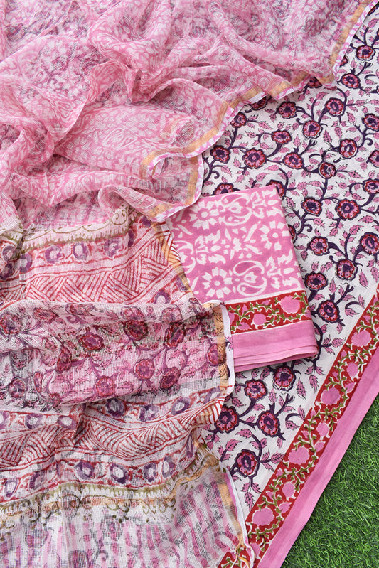 Beautiful Hand Block Printed Cotton unstitched suit fabric with Kota Doria Dupatta