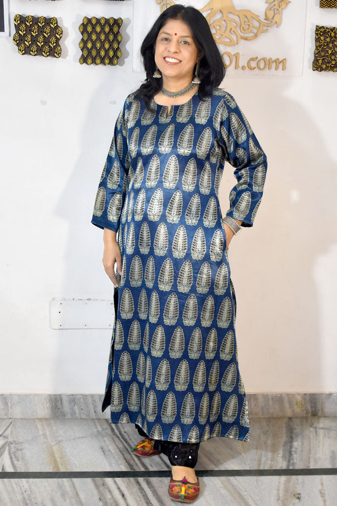 Beautiful Mashru Silk Kurta with Ajrakh block print  - Size 38 - 48