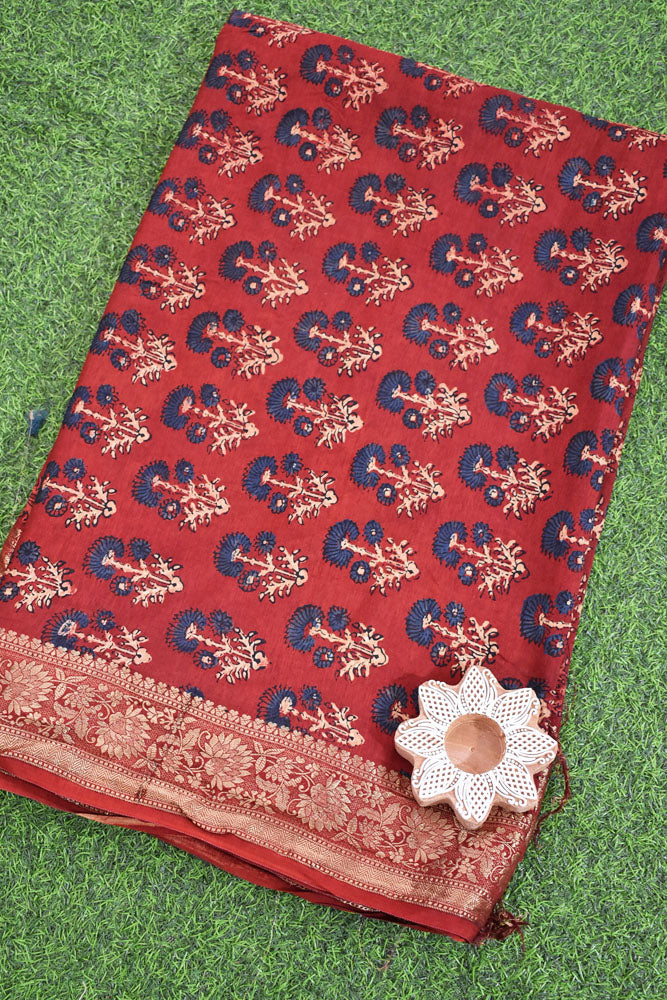 Beautiful Ajrakh Dola Silk Hand Block Print Fabric - 3 mtrs cut