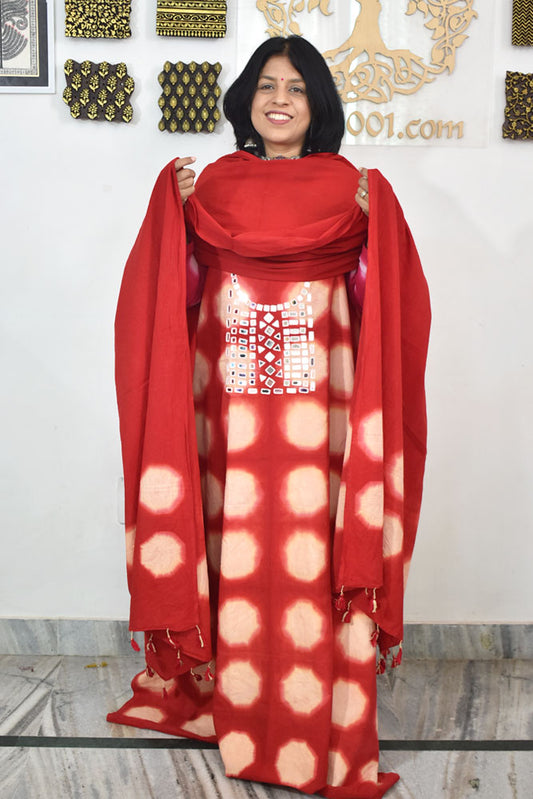 Tie & Dye Clamp Dyed cotton Unstitched Suit with Kutch Mirror work