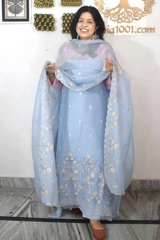 Gorgeous Mul Chanderi Kurta fabric & Dupatta set with embroidery & Cotton Bottom