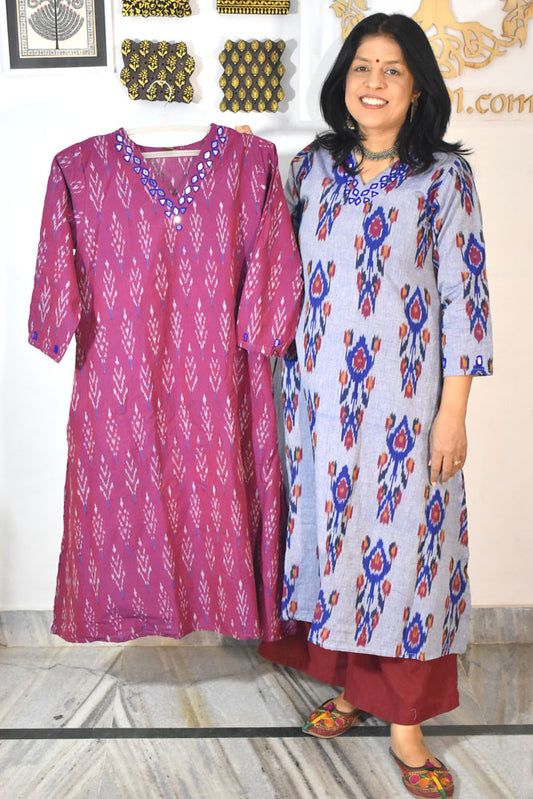 Designer Handwoven Ikkat pure cotton Kurta With Kutch Mirror Work - Size 36 to 46 ( all sizes)
