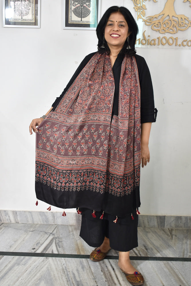 Beautiful Hand Block Printed Ajrakh Modal Silk stole with Tassels