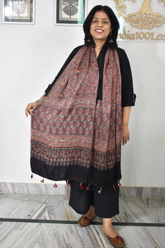 Beautiful Hand Block Printed Ajrakh Modal Silk stole with Tassels