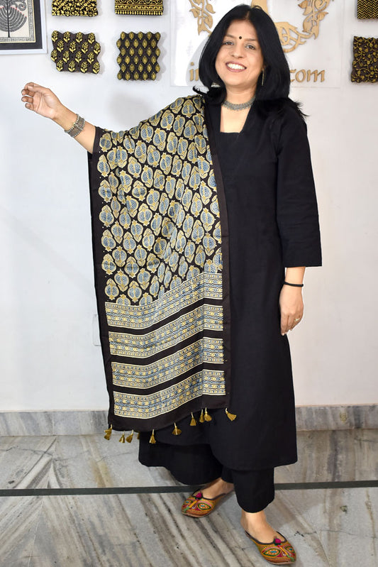 Beautiful Hand Block Printed Ajrakh Modal Silk stole with Tassels