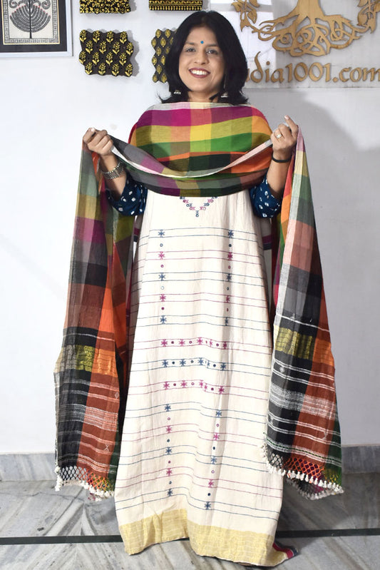 Premium Handwoven Kala Cotton Bhujodi suits with Mirror and Miri work - 3 pc set