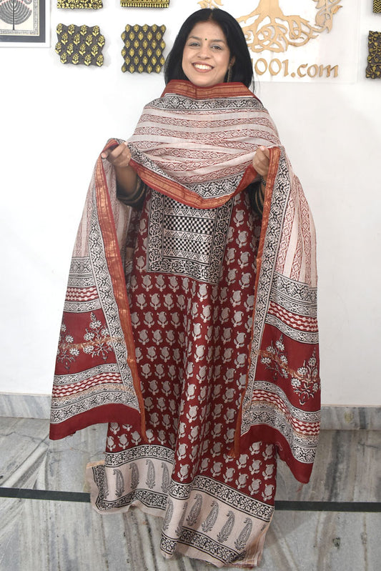Bagh Hand Block Printed unstitched 3 pcs Handwoven Maheshwari suit fabric with Zari borders