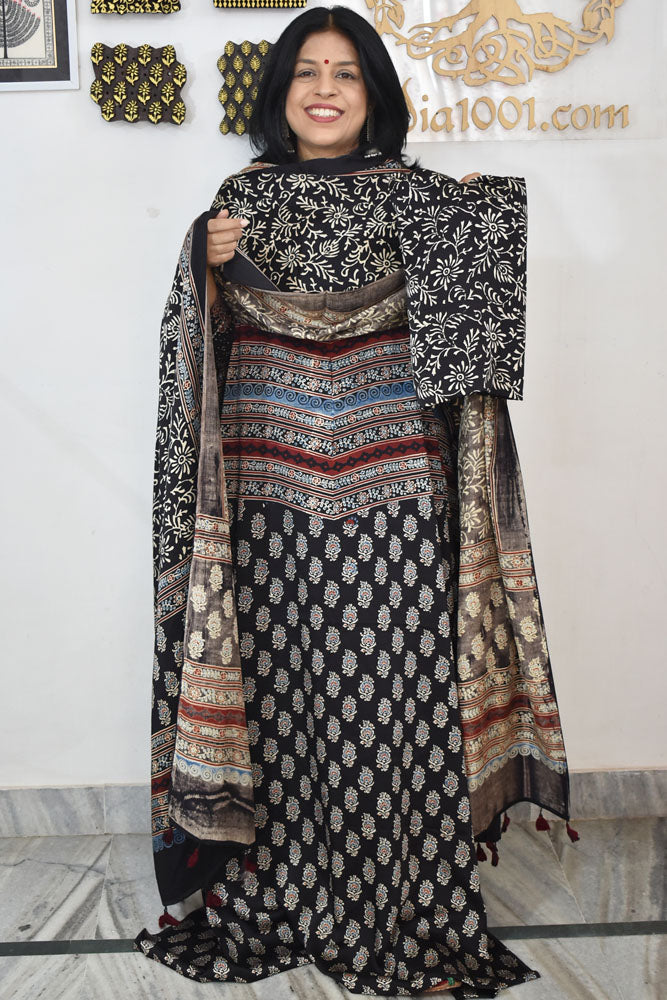 Designer Ajrakh Modal Silk Unstitched suit with  panel design, Ajrakh Dupatta & Bottom- 3 piece set