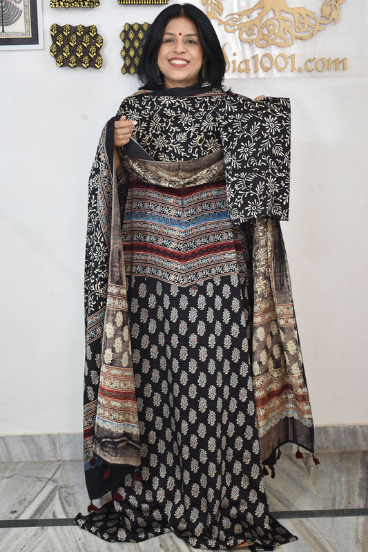 Designer Ajrakh Modal Silk Unstitched suit with  panel design, Ajrakh Dupatta & Bottom- 3 piece set