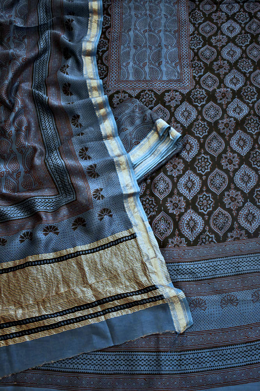 Bagh Hand Block Printed unstitched 3 pcs Handwoven Maheshwari suit fabric with Zari borders & Lagdi ( zari palla )