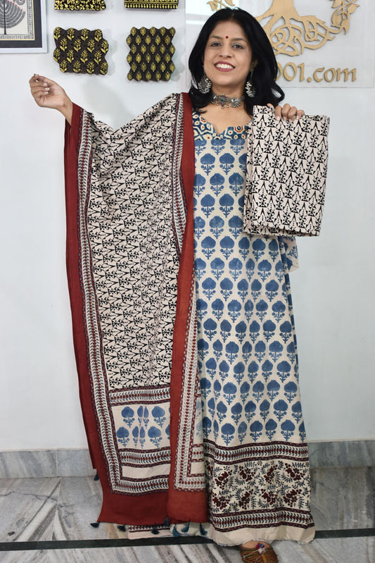 Block Print Ajrakh Cotton Suit with designer Ajrakh neck yoke /panel & Long Stole