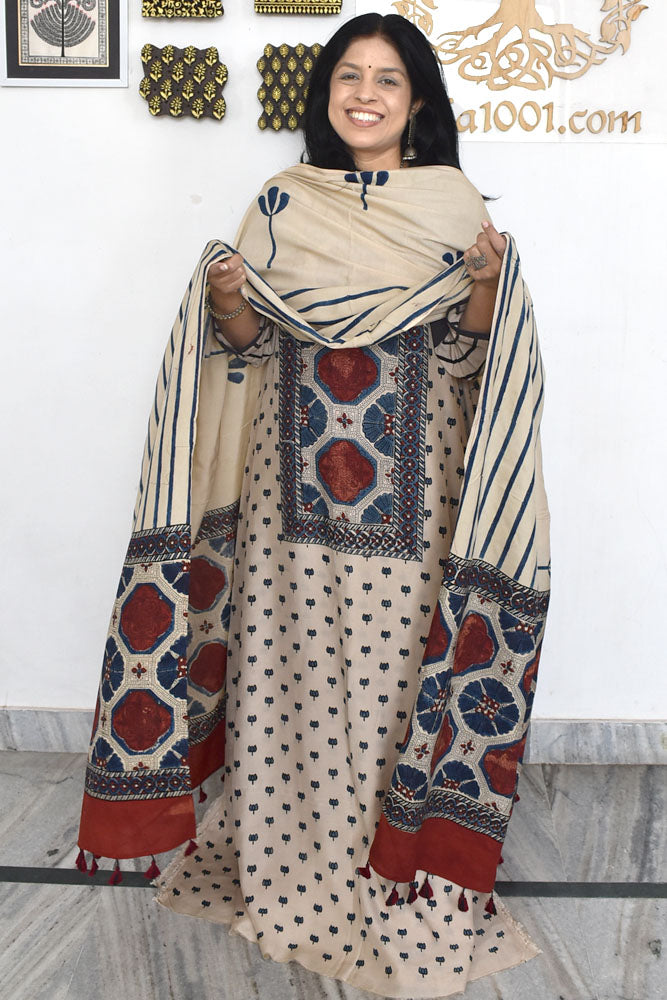 Designer Ajrakh Muslin Unstitched suit with Ajrakh Muslin Dupatta- 2 piece set