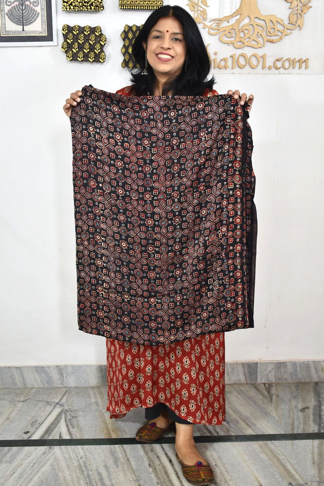 Beautiful Modal Silk Ajrakh Hand Block Print Fabric - 3 mtrs cut