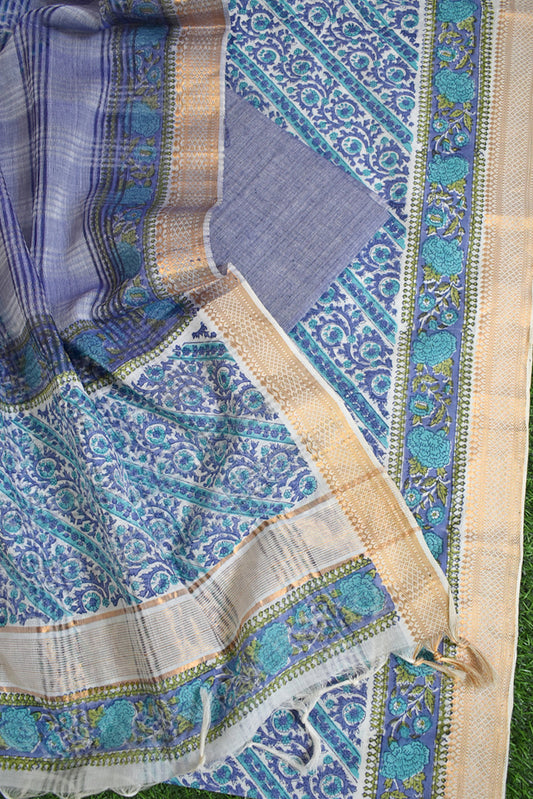 Elegant Handwoven Mangalgiri Cotton suit with Hand block print