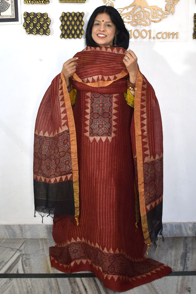 Beautiful Pure Linen Ajrakh  Hand Block Print Suit