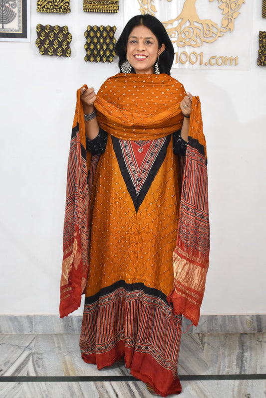 Tie & Dye  Ajrakh Kutch Bandhani modal silk Unstitched Suit with Bandhani Bottom