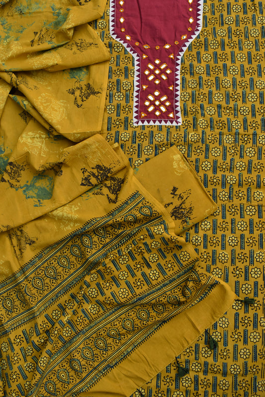 Hand Block Print Ajrakh Cotton Suit with designer brush paint &  Kutch Mirror work