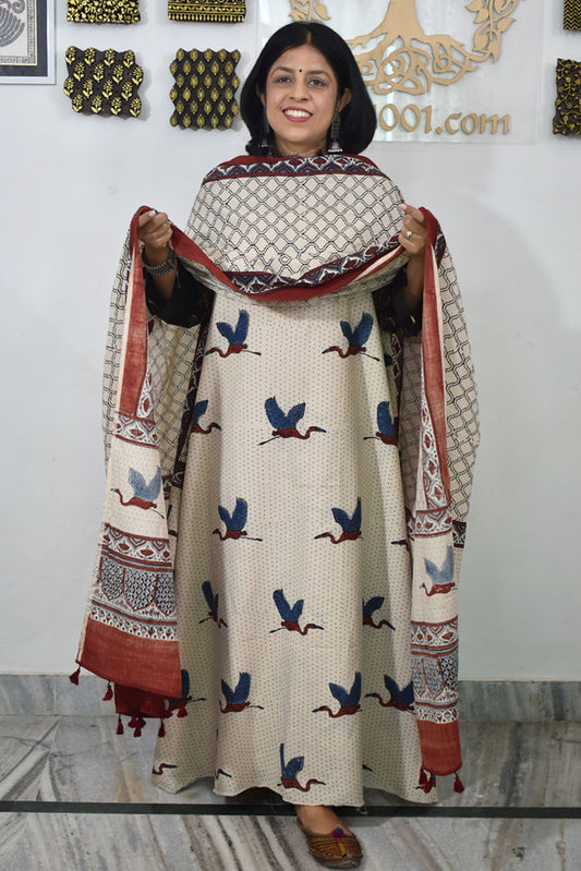 Block Print Ajrakh Cotton Suit with designer Ajrakh neck yoke /panel & Stole