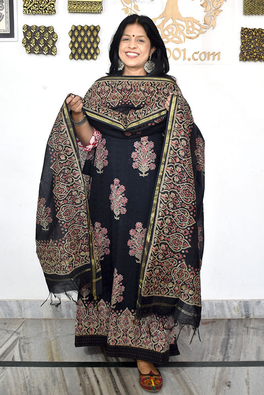 Elegant Hand Block print cotton suit with Schiffli work & Chanderi dupatta