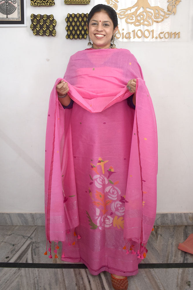 Kalakriti : Beautiful Hand Woven Soft Cotton Needle Jamdani Kurta Fabric & Dupatta set