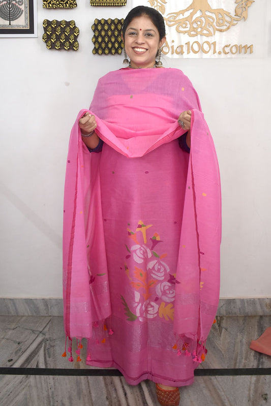Kalakriti : Beautiful Hand Woven Soft Cotton Needle Jamdani Kurta Fabric & Dupatta set