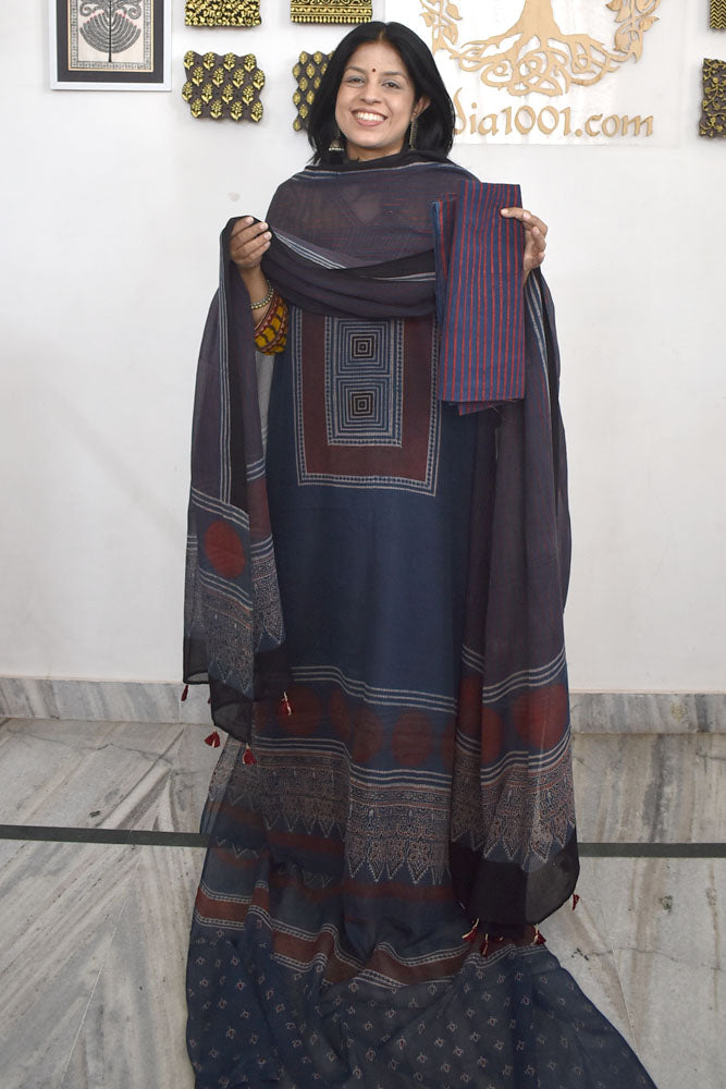 Designer Ajrakh Kota Unstitched suit with Kota Dupatta & Cotton Bottom - 3 piece set