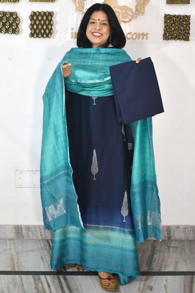 Beautiful Hand Block Printed Maheshwari Silk Cotton Unstitched suit fabric