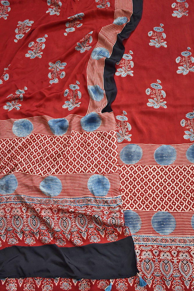 Designer Ajrakh Modal Kurta and Dupatta Set with  Neck yoke and panel design