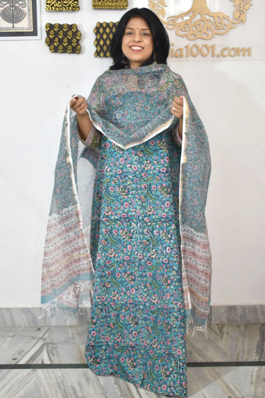 Beautiful Hand Block Printed Cotton unstitched suit fabric with Kota Doria Dupatta