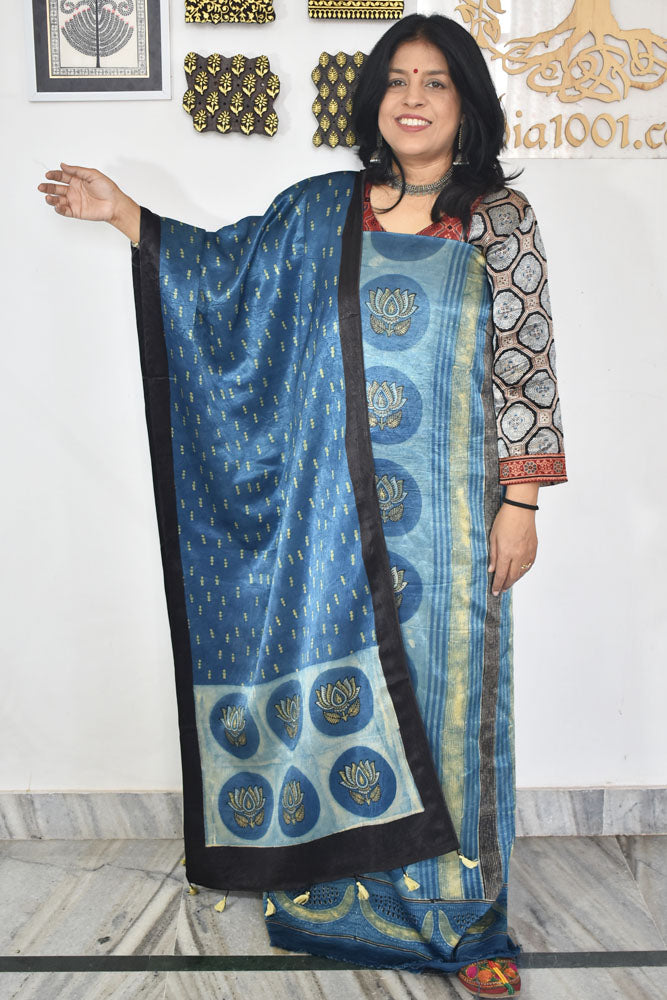 Designer Ajrakh Mashru Silk Unstitched suit with  panel / yoke design- 3 piece set