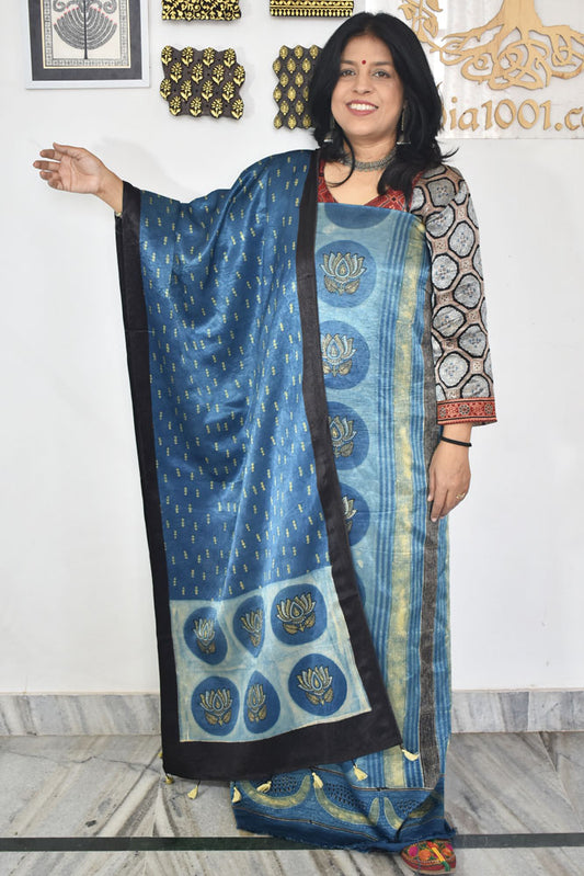 Designer Ajrakh Mashru Silk Unstitched suit with  panel / yoke design- 3 piece set