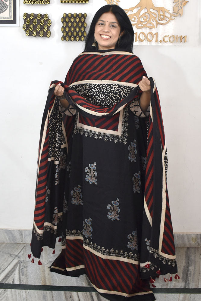 Designer Ajrakh Modal Silk Unstitched suit with  panel design & Ajrakh Dupatta- 2 piece set