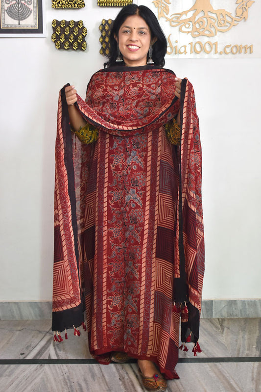 Ajrakh Hand Block Print Georgette Dupatta & Georgette Kurta Fabric